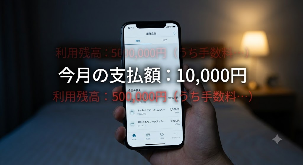 スマホのクレジットカード明細画面で、「今月の支払額:10,000円」という一見安そうな表示と、その裏に小さく「利用残高:500,000円(うち手数料…)」という文字が不気味に浮かび上がっているイメージ。