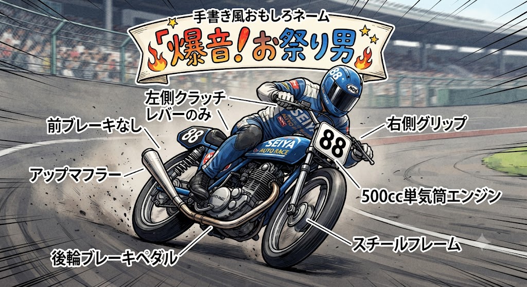 オートレースのバイクと特徴のイラスト