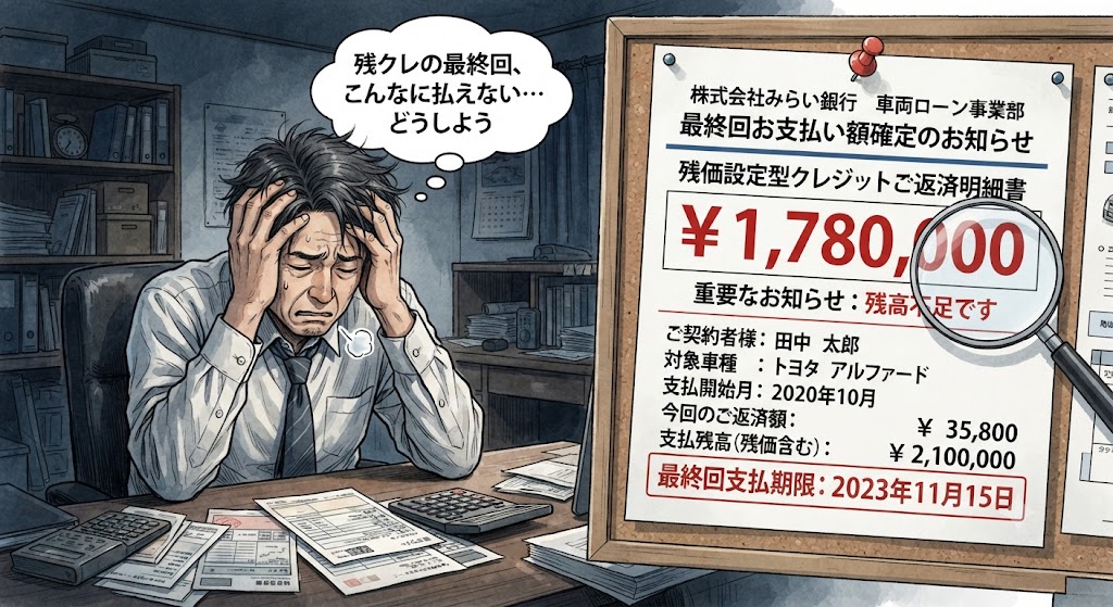 ため息をついて頭を抱えている人物のイラスト、または「ローン残高」と書かれた赤い数字の明細書を模したイメージ画像。