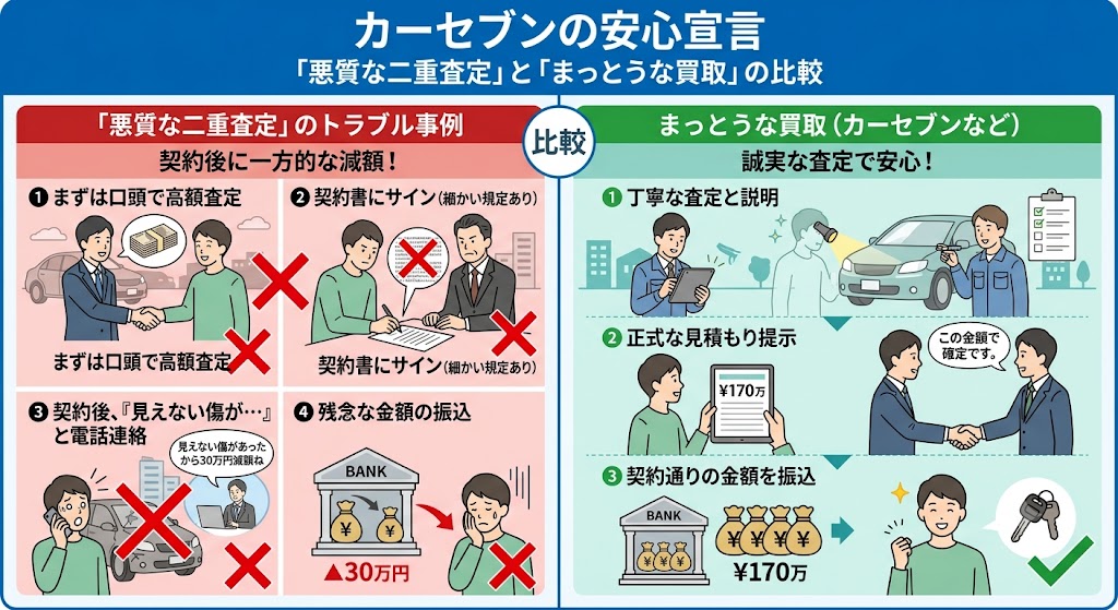 「悪質な二重査定（後から減額）のトラブル事例」と「まっとうな買取」を比較したシンプルな比較対照図解イラスト