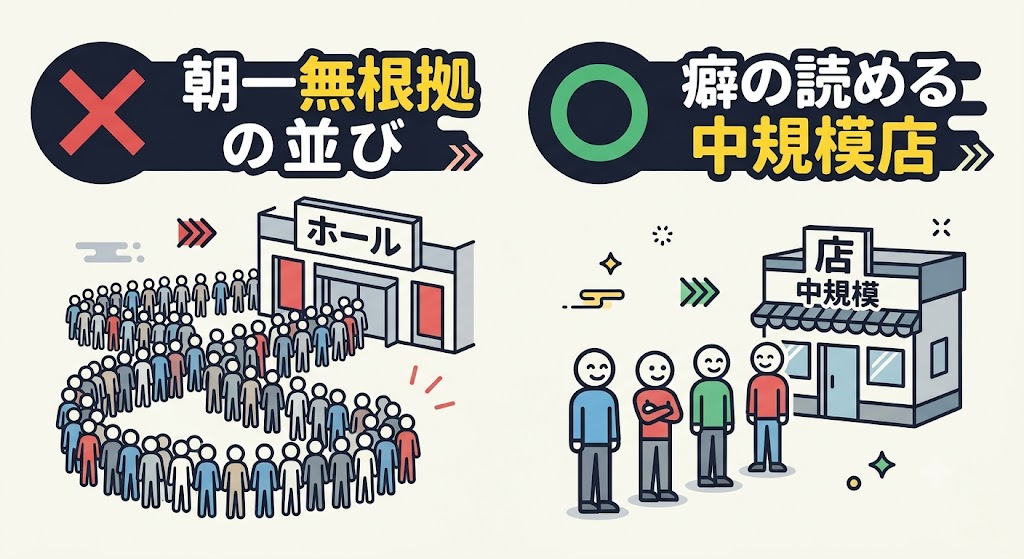 朝のホール前に長蛇の列ができているピクトグラムイラストに、「× 朝一無根拠の並び」「〇 癖の読める中規模店」と対比させたイメージ画像。