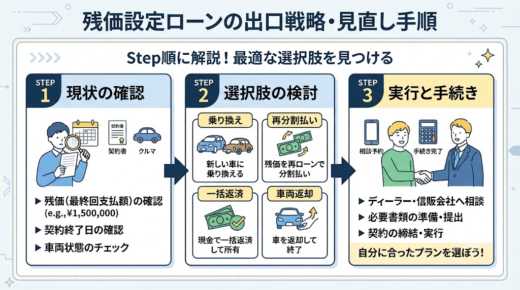 「出口戦略」や「見直し手順」をステップ順（Step1〜3）に示した、スッキリとしたインフォグラフィック