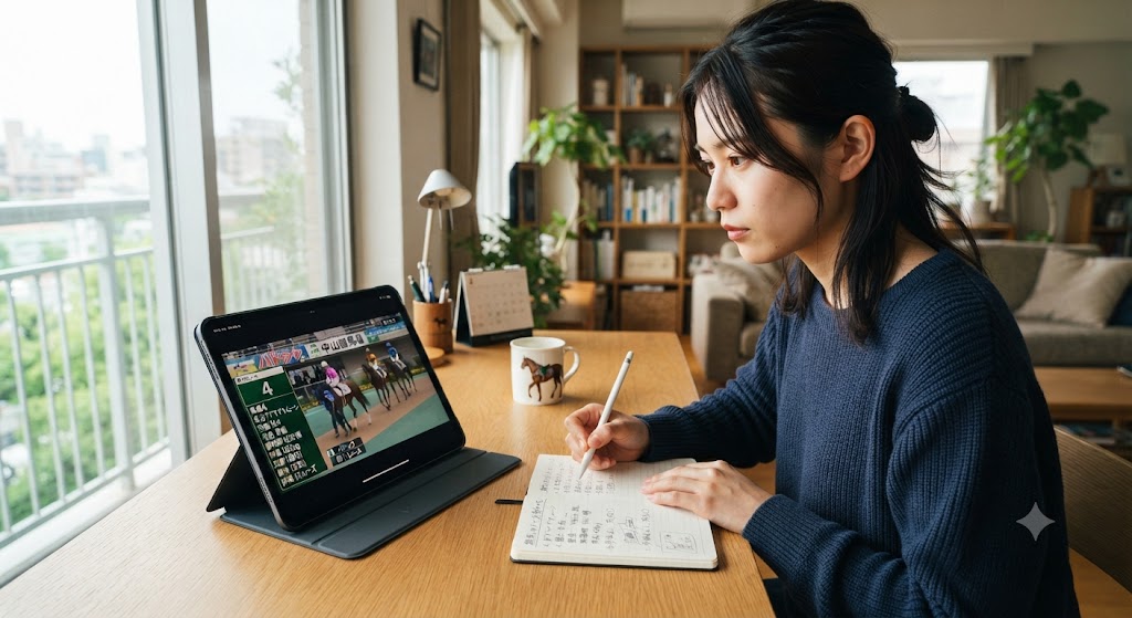 タブレットで競馬のパドック映像を見ながらメモを取る様子