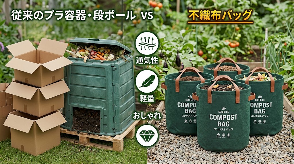 コンポスト「従来のプラ容器・段ボール」対「不織布バッグ」の比較