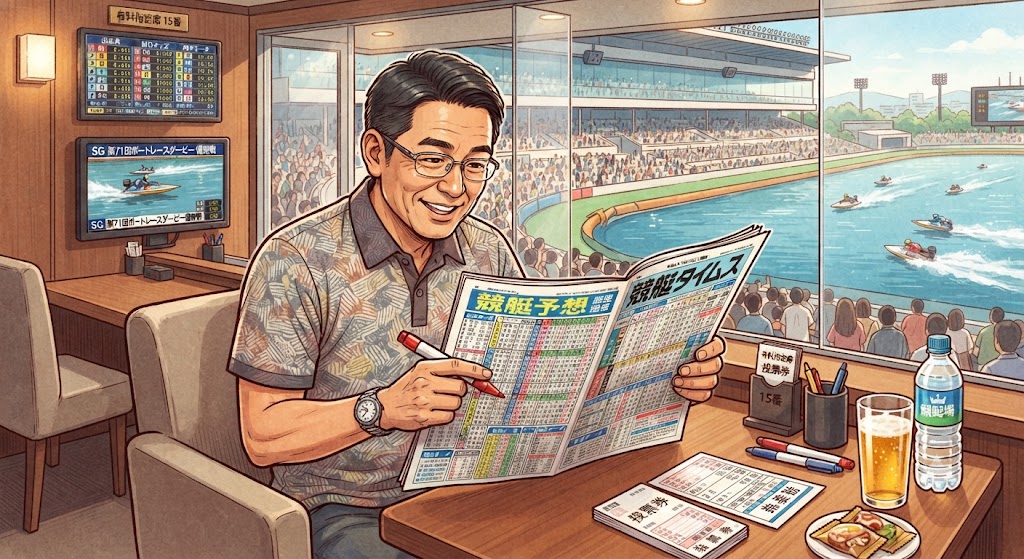 有料ルームで競艇新聞を見ながら予想を楽しむ男性のイラスト