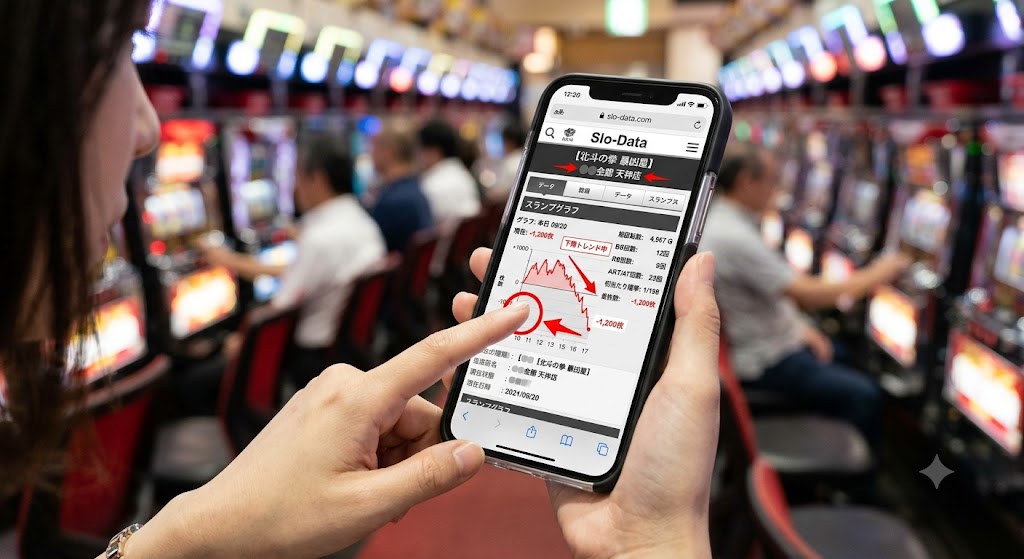 スマホでデータサイト（スランプグラフや差枚数データ）をチェックしている実際の操作画面のスクリーンショット