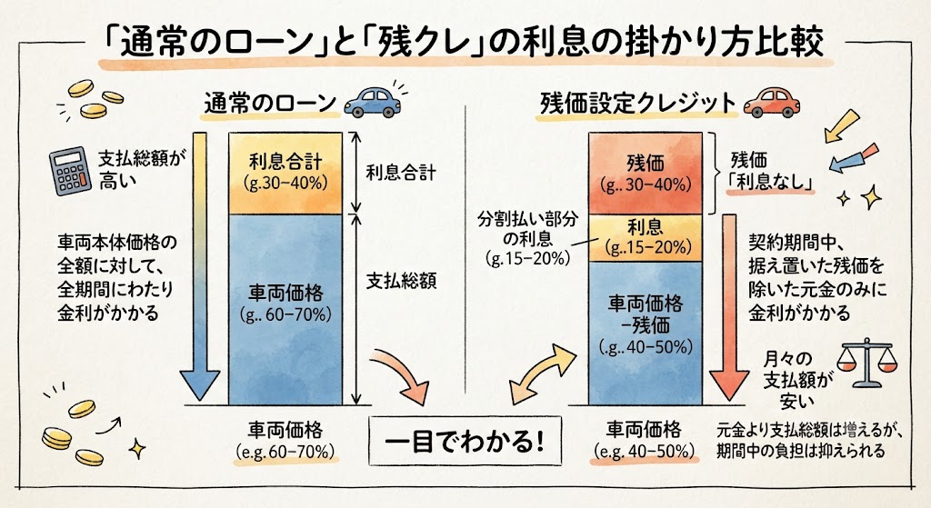 「通常のローン」と「残クレ」の利息の掛かり方を比較した、シンプルな棒グラフ風のイラスト図解