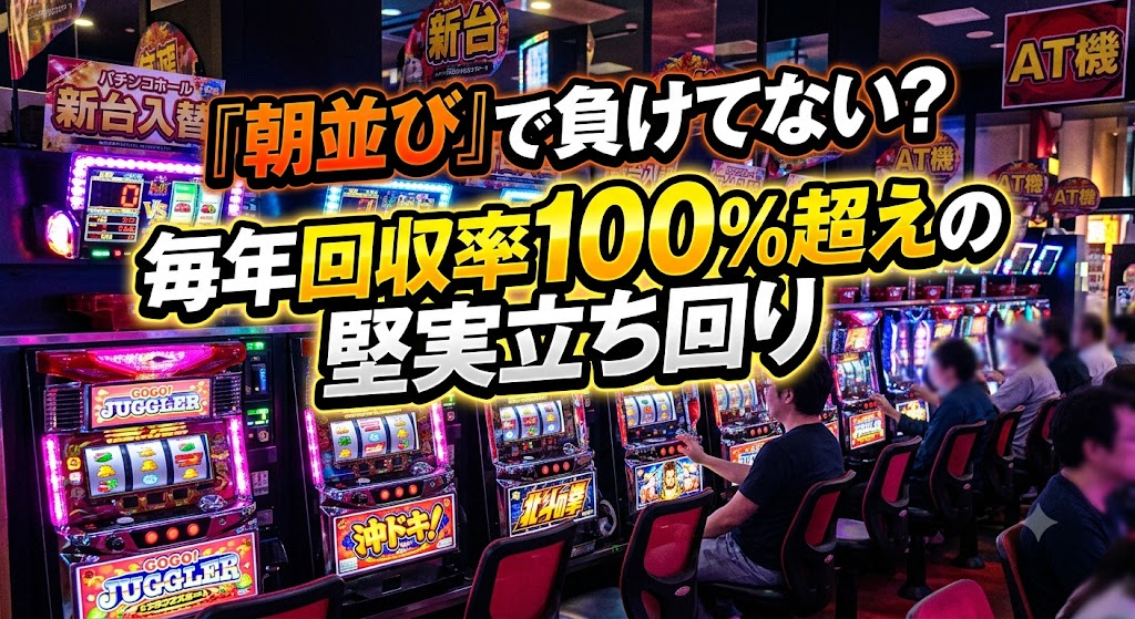 ホール内でネオンが輝くパチスロ台の背景に、「『朝並び』で負けてない？ 毎年回収率100%超えの堅実立ち回り」という太字テキスト
