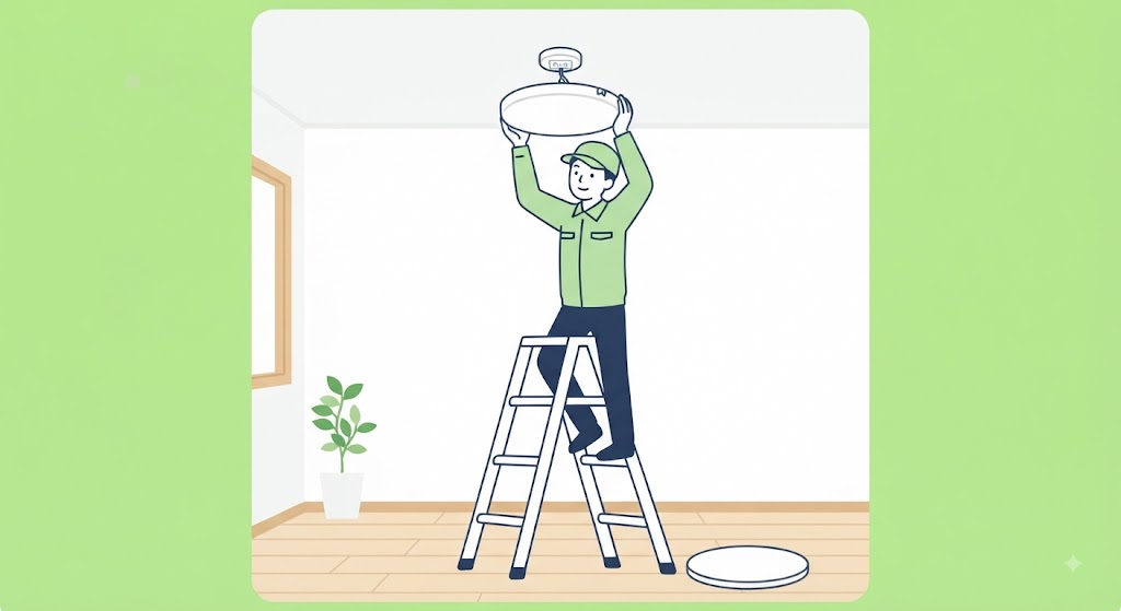 脚立に上ってシーリングライトを取り付けているイメージ