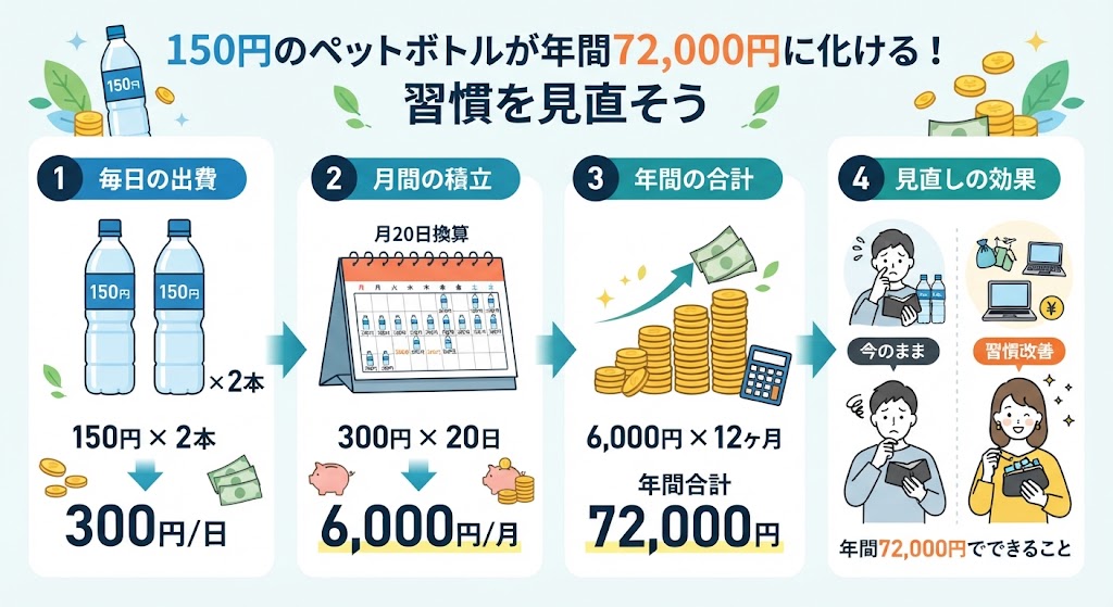 150円のペットボトル1日2本が月20日換算で年間72,000円に化けるシミュレーションを分かりやすく示したインフォグラフィック風画像