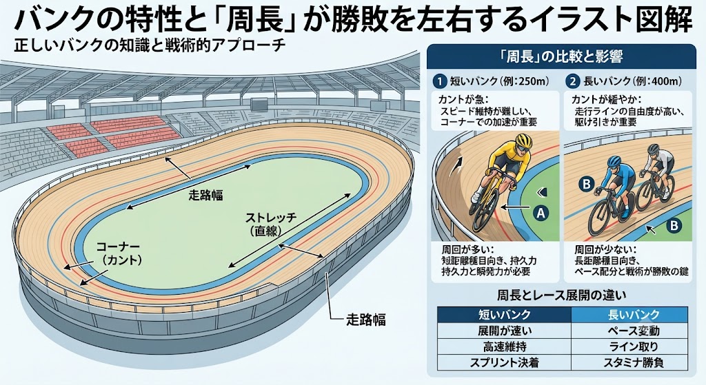 バンクの特性と「周長」が勝敗を左右するイラスト図解