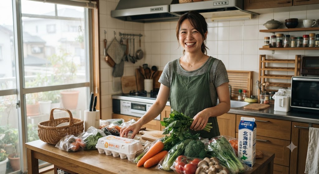 日本人女性が自宅のキッチンのカウンターで新鮮な野菜や卵牛乳のパックを笑顔でテーブルに並べている