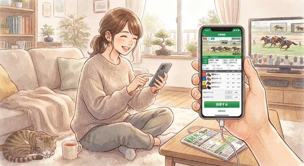 安心して自宅からスマホで競馬に投票イメージイラスト
