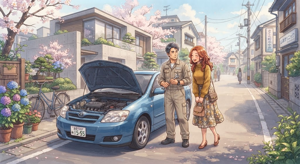 車と職人と女性