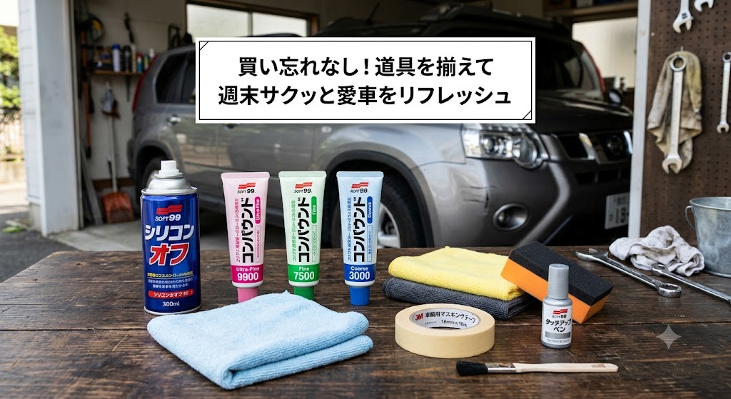 車のキズ補修「DIY補修に必要な道具(シリコンオフ・コンパウンド・クロス・マスキング等)が一式揃った集合写真」
