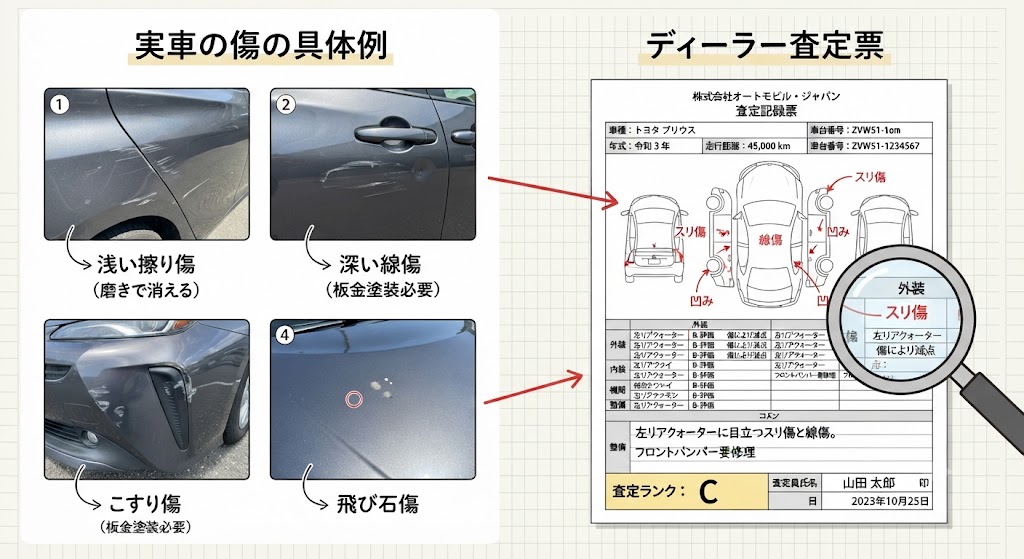 車体の傷や、ディーラーの査定票