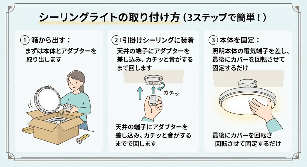 シーリングライトの取り付け方3ステップのイラスト