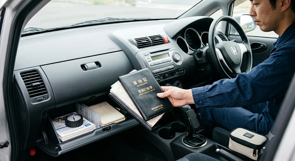  「車内の整理整頓」「車検証・整備記録簿（メンテナンスノート）」の実際の写真
