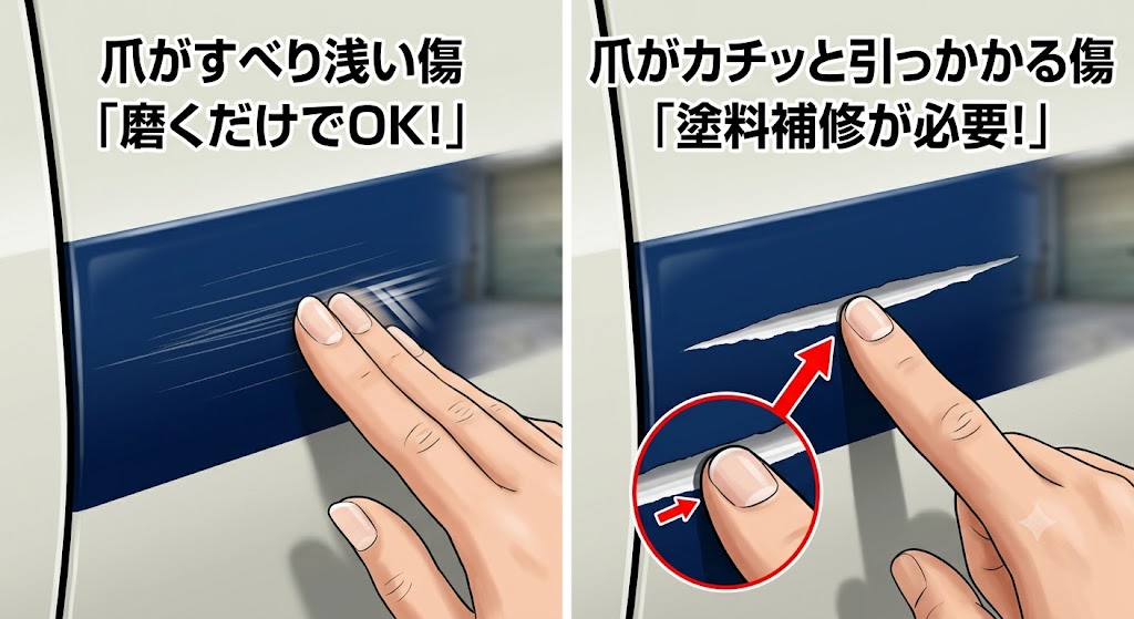 車の塗装の傷「爪が引っかかる傷 vs 引っかからない傷」の比較イラスト