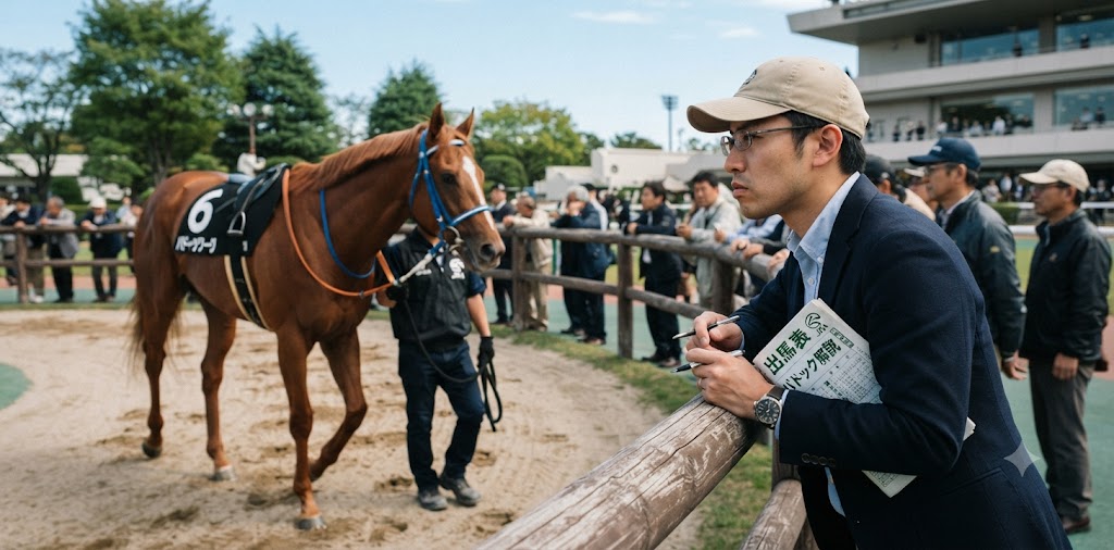 競馬場のパドックで真剣に馬を観察する様子