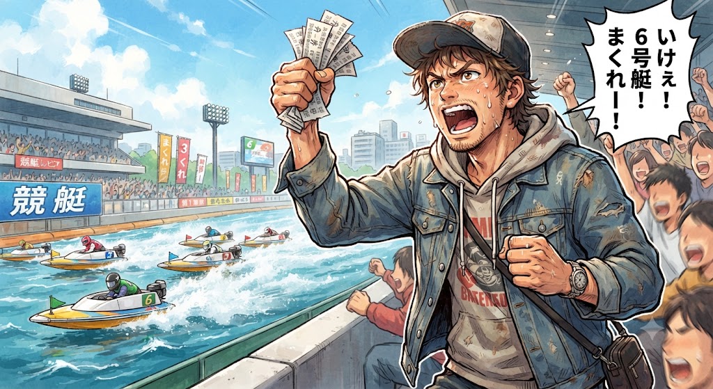 舟券を握りしめて熱く応援している男性のイラスト