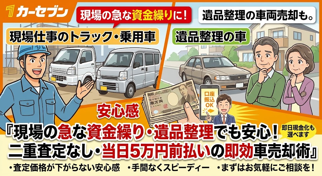  「現場仕事のトラック・乗用車」「遺品整理の車」と「現金（口座振込・即日現金化）の安心感」を組み合わせたカスタムアイキャッチ画像