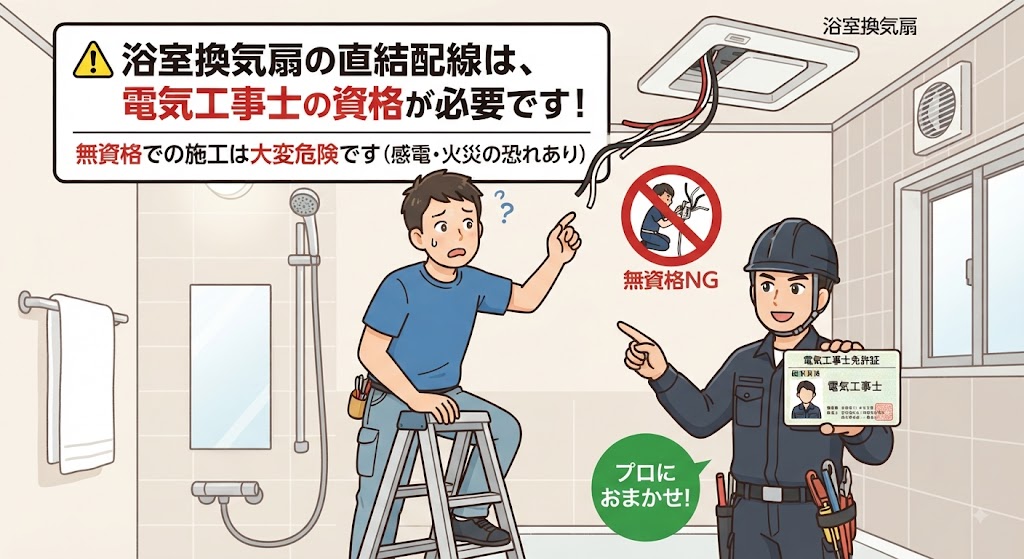 配線が直結されている「浴室換気扇」などは電気工事士の免許が必要