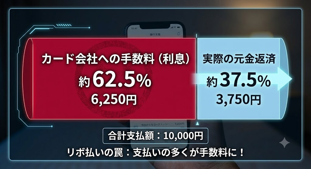 1万円のうち、約62.5%(6,250円)を濃い赤色で「カード会社への手数料(利息)」と大きく表示し、残り37.5%(3,750円)を薄い青色で「実際の元金返済」と対比させたインフォグラフィック。