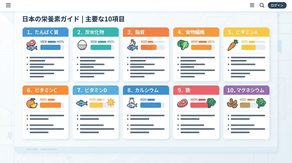 たんぱく質や食物繊維など10個の栄養素の重要度がすっきりと整理されたインフォグラフィック