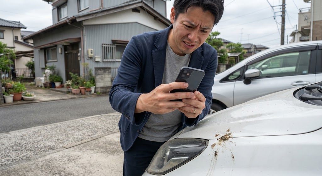車のボンネットにこびりついた虫汚れをスマートフォンで撮影している様子